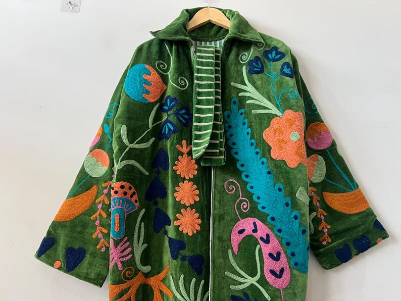 Green Long Velvet Suzani Robe Jacket –Embroidered Boho Coat – Uzbek Textile – Bohemian Kimono Robe – Floral Statement Wear | Luxury Gifts image 10