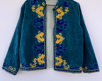 Suzani Velvet Jacket | Handmade Bohemian Embroidered Coat | Vintage Tribal Suzani Kimono | Boho Soft Velvet Jacket | Velvet Outerwear