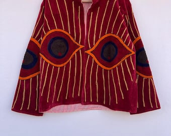 Suzani Embroidered Evil Eye Velvet Suzani Jacket | Gift For Her | Bohemian Coat | Suzani Boho Coat | Floral Jacket |Uzbek Outerwear