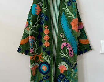 Green Long Velvet Suzani Robe Jacket –Embroidered Boho Coat – Uzbek Textile – Bohemian Kimono Robe – Floral Statement Wear | Luxury Gifts