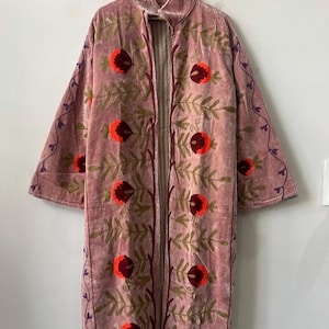 Long Velvet Suzani Robe Jacket –Embroidered Boho Coat – Uzbek Textile – Bohemian Kimono Robe – Floral Statement Wear