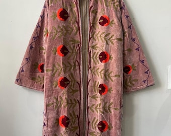 Long Velvet Suzani Robe Jacket –Embroidered Boho Coat – Uzbek Textile – Bohemian Kimono Robe – Floral Statement Wear