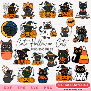 Cute Halloween Cats SVG Bundle, Spooky Cat SVG, Halloween SVG for Cricut, Cat Silhouette Svg, Halloween Craft Files