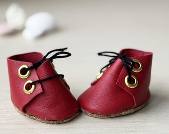 Handmade Red Leather Doll Shoes:, Miniature Doll Footwear