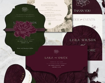 May include: Elegant wedding stationery set in deep burgundy, forest green, and cream. Includes invitations, RSVP cards, and thank you notes with floral accents. Features embossed floral designs and the names "Laila" and "Owen".