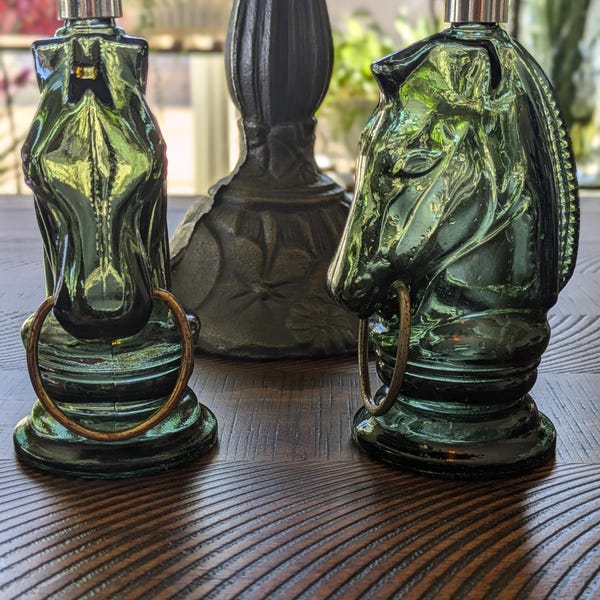 Vintage Avon Horse Head Cologne Bottles – Pair of 1970s Emerald Green Glass Decanters with Gold Rings – Equestrian Home Décor Collectib