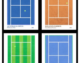 4 Digital Pictures Grand Slam Tournaments Poster, Tennis Tournaments Art, Tennis Courts Art Print, Minimalist Tennis Court Print