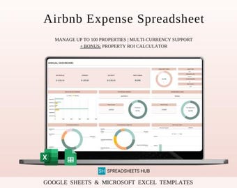 Puede incluir: Una computadora portátil muestra una hoja de cálculo de gastos de Airbnb. La pantalla muestra un panel con gráficos y visualizaciones de datos. El texto dice: "GESTIONE HASTA 100 PROPIEDADES | SOPORTE MULTIMONEDA + BONO: CALCULADORA DE ROI DE PROPIEDAD".