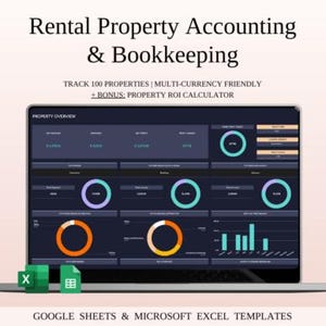 May include: A laptop screen displays a rental property accounting and bookkeeping dashboard. The screen shows data visualizations with circular and bar graphs. Text at the top reads "Rental Property Accounting & Bookkeeping". Below, it says "Track 100 Properties".