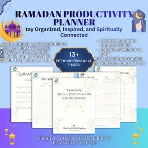 May include: A Ramadan Productivity Planner with a blue and gold design. The planner includes a daily Suhoor & Iftar schedule, a 30-day Quran tracker, and a weekly meal planner. The text on the cover reads "Ramadan Productivity Planner for Muslims".