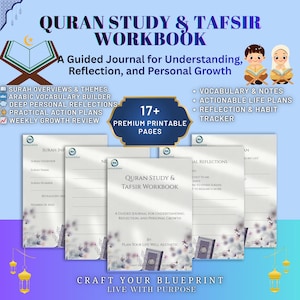 May include: A workbook titled "Quran Study & Tafsir Workbook" with a blue and white design. The cover features text and illustrations, including a book and a crescent moon. The workbook includes sections for surah overviews, vocabulary, and reflection.