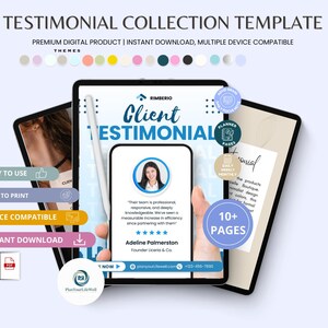 Op de afbeelding: Een digitaal sjabloon voor een testimonial-verzameling met een tablet- en smartphone-weergave. Het scherm toont een klantgetuigenis voor Adeline Palmerston met een vijfsterrenbeoordeling, contactgegevens en een professionele portretfoto.