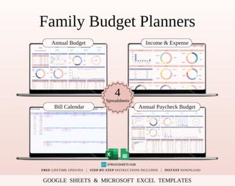 May include: Image of four laptop screens displaying financial spreadsheets. The text "Family Budget Planners" is at the top. The spreadsheets include "Annual Budget," "Income & Expense," "Bill Calendar," and "Annual Paycheck Budget."