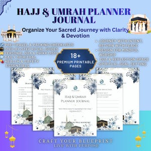 May include: A Hajj & Umrah Planner Journal with a light blue background. The journal includes pre-travel checklists, ritual guides, and daily spiritual essentials. The cover features floral designs and the text "Hajj & Umrah Planner Journal".