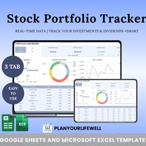 May include: A digital stock portfolio tracker displayed on a laptop and tablet. The screen shows charts and data visualizations. Text includes "Stock Portfolio Tracker", "Real-Time Data", and "Google Sheets and Microsoft Excel Templates".