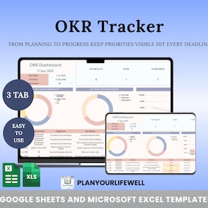 Könnte beinhalten: Ein digitaler OKR-Tracker, der auf einem Laptop und Tablet angezeigt wird. Das Bild enthält den Text "OKR Tracker" und "FROM PLANNING TO PROGRESS KEEP PRIORITIES VISIBLE HIT EVERY DEADLINE". Das Bild enthält auch den Text "3 TAB" und "EASY TO USE".