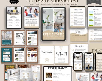 May include: A collection of digital templates for Airbnb hosts, featuring a modern design. The templates include pages for apartment information, house rules, Wi-Fi details, and restaurant recommendations. The color scheme is neutral with beige and white tones.