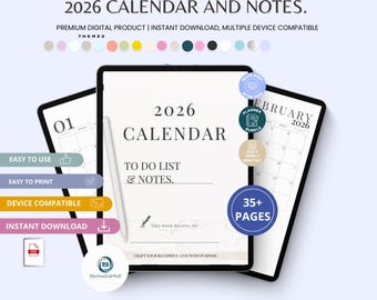 Calendario 2026 imprimible / Lista de tareas y notas / Plantilla editable en Canva (archivo PDF)