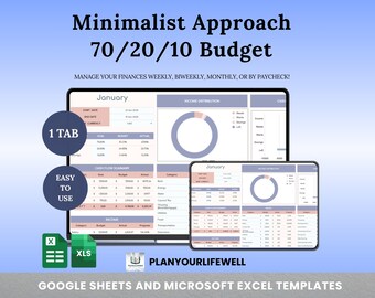 Hoja de cálculo de presupuesto 70/20/10 / Planificador de presupuesto mensual (Excel, Google Sheets)