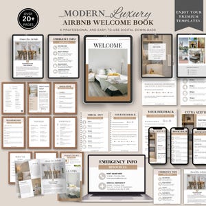 May include: A digital Airbnb welcome book with a modern luxury theme. The design includes various pages displayed on tablets, phones, and a laptop, with text such as "Welcome" and "Emergency Info". The book has over 20 pages.