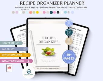 Organizador de recetas imprimible / Planificación de comidas y registro de recetas / Planificador de cocina / Libro de cocina digital / Plantilla editable de Canva