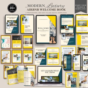Puede incluir: Un libro de bienvenida digital de Airbnb con un diseño de lujo moderno. El diseño incluye varias páginas con texto e imágenes, como "Bienvenida", "Gracias" y "Lugares para visitar". La combinación de colores presenta amarillo, verde azulado y blanco.