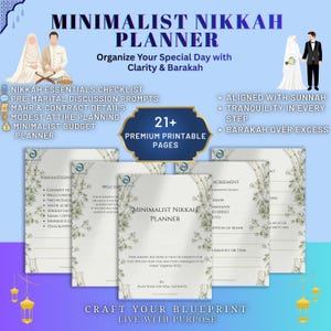 May include: A minimalist Nikah planner with a navy blue and white design. The image features a planner with 21+ premium printable pages, checklists, and prompts. The planner is designed to help organize a special day with clarity and barakah.