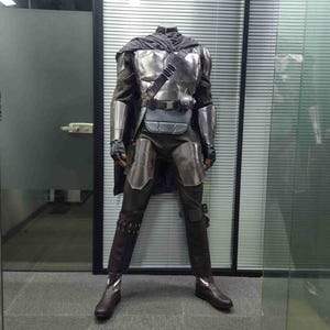 Pu&ograve; includere: Un costume argento e nero con un mantello, che ricorda un personaggio di un film di fantascienza. Il costume presenta un design dettagliato con una cintura e piastre di armatura.