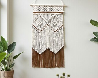 Nordic Boho Brown Macrame Wall Hanging, Minimal Geometric Pattern Art, Long Tassel Decor, Handmade Gift for Her or Mom Bedroom Living Room