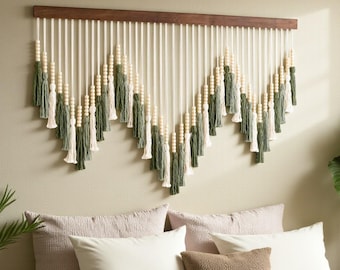 Nordic Boho Macrame Wall Hanging – Handmade Bead Tapestry | Green Wave Abstract Home Décor | Large Modern Wall Art for Living Room Bedroom