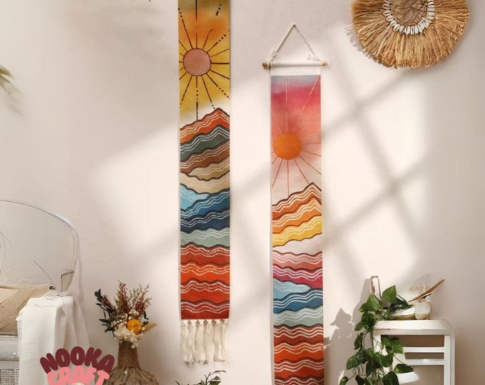 Boho Sun and Moon Tapestry – Printed Japanese Wall Hanging with Tassels | Bohemian Macrame Wall Art for Bedroom, Living Room, Studio Decor