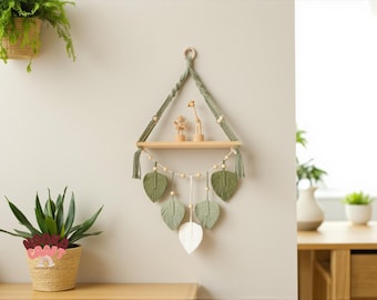 Boho Macrame Wall Shelf | Green Leaf Hanging Decor | Hand-Woven Rope Tapestry for Bedroom & Living Room Decoration