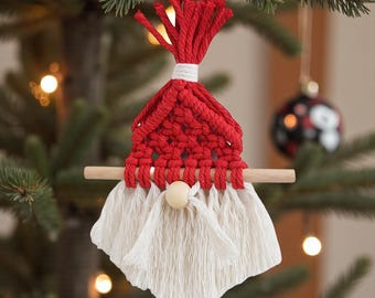Boho Macrame Santa Bauble | Handmade Xmas Ornament | Festive Christmas Tree Hanging | Minimal Nordic Holiday Decor Red White