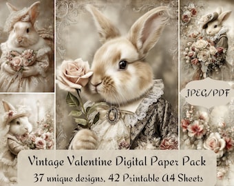 May include: A collage of vintage-style images featuring anthropomorphic rabbits in Victorian attire. The central image shows a rabbit holding a rose. The text "Vintage Valentine Digital Paper Pack" is displayed, along with details about the designs and sheets.