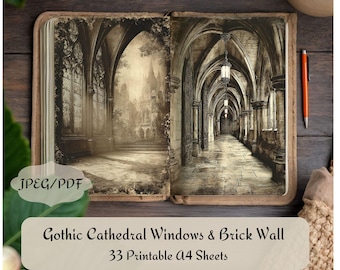 May include: Open book with sepia-toned illustrations of Gothic cathedral architecture. The left page shows arched windows and a distant building. The right page depicts a long corridor with arched ceilings and hanging lanterns. Text at the bottom reads "Gothic Cathedral Windows & Brick Wall".