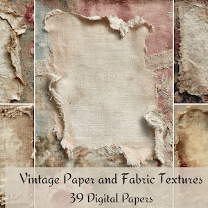 Könnte beinhalten: Eine Collage aus Vintage-Papier- und Stofftexturen. Das Bild zeigt zerrissenes Papier und Stoff mit abgenutzten Kanten in Beige-, Braun- und Rosatönen. Der Text "Vintage Paper and Fabric Textures" und "39 Digital Papers" ist unten zu sehen.
