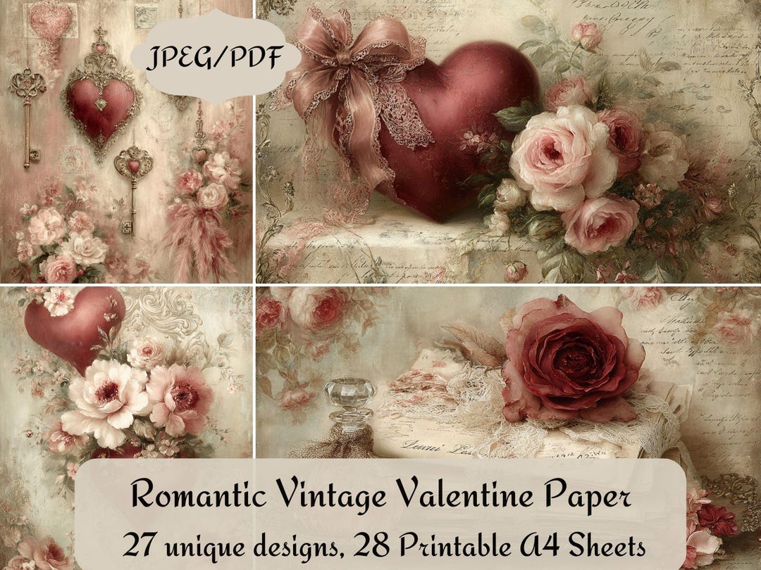 Romantic Vintage Valentine Paper | Junk Journal Kit With Roses , Hearts ...