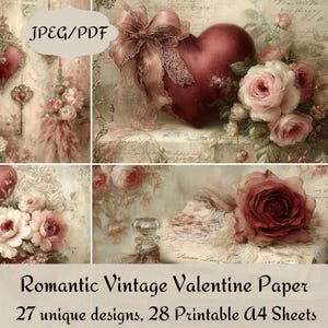 May include: Romantic vintage Valentine paper with 27 unique designs and 28 printable A4 sheets. The image features a collage of hearts, keys, roses, and decorative elements in soft pink and red tones, with a vintage aesthetic.