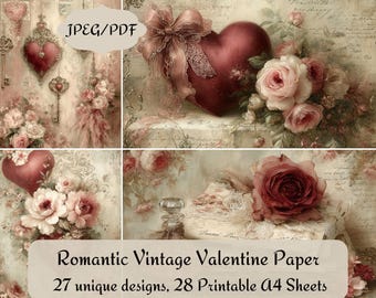 May include: Romantic vintage Valentine paper with 27 unique designs and 28 printable A4 sheets. The image features a collage of hearts, keys, roses, and decorative elements in soft pink and red tones, with a vintage aesthetic.