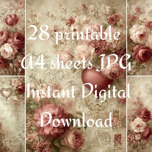 May include: Digital download featuring a collage of floral designs with roses in shades of pink and red. The image includes text that reads "28 printable A4 sheets JPG Instant Digital Download."