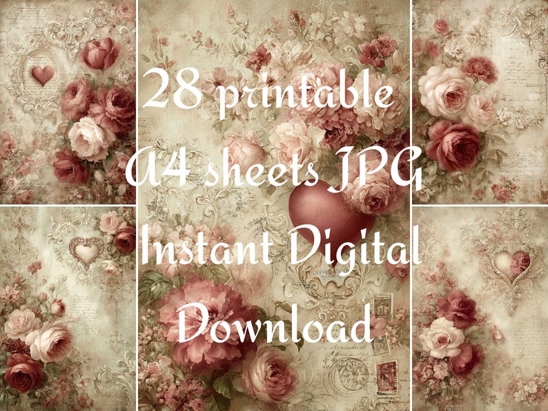 May include: Digital download featuring a collage of floral designs with roses in shades of pink and red. The image includes text that reads "28 printable A4 sheets JPG Instant Digital Download."