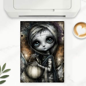 May include: A digital art print featuring a large-eyed, pale character wrapped in bandages like a mummy, holding a round, glowing pumpkin bucket. The background is a dark, textured scene with a spiderweb in the corner and soft, hazy light.