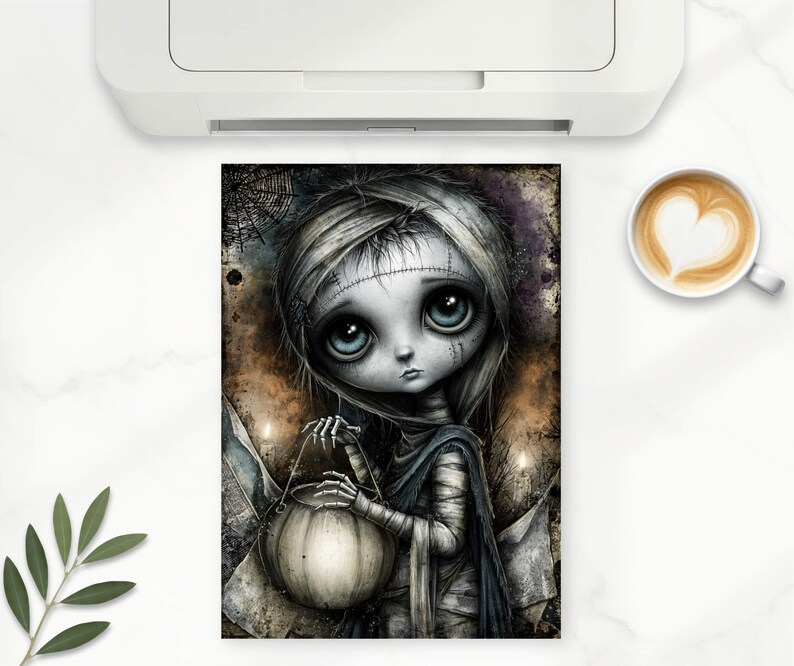 May include: A digital art print featuring a large-eyed, pale character wrapped in bandages like a mummy, holding a round, glowing pumpkin bucket. The background is a dark, textured scene with a spiderweb in the corner and soft, hazy light.
