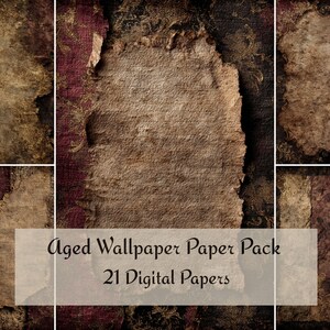 Könnte beinhalten: Ein digitales Papierpaket mit gealterten Tapetenstrukturen. Die Papiere haben ein abgenutztes, Vintage-Aussehen mit zerrissenen Kanten und einer Mischung aus Braun-, Burgunder- und Goldtönen. Der Text "Aged Wallpaper Paper Pack 21 Digital Papers" wird angezeigt.