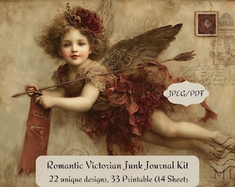 May include: Vintage-style digital art featuring a cherubic figure with wings, holding an arrow and a banner. The figure is adorned in shades of brown and red, with a floral headpiece. The image includes text: "Romantic Victorian Junk Journal Kit, 22 unique designs, 33 Printable A4 Sheets."