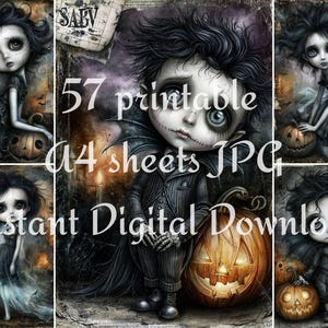 Creepy cute Halloween printable collage featuring gothic doll characters, pumpkin lanterns, bat wings, dark fantasy clothing, and vintage distressed textures.