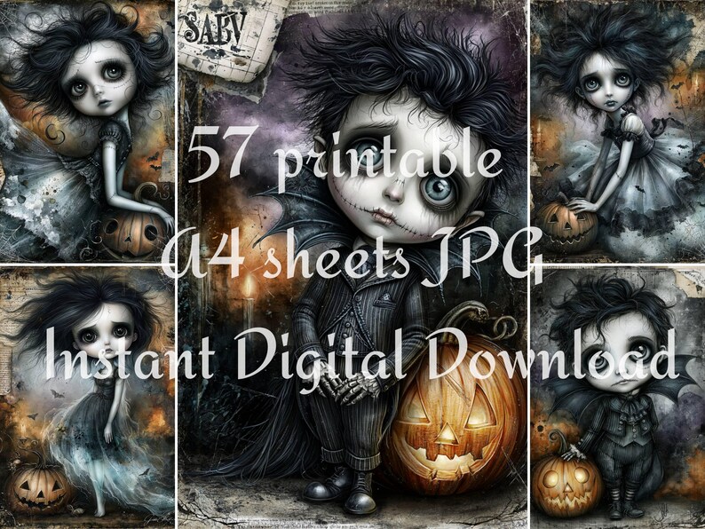 Creepy cute Halloween printable collage featuring gothic doll characters, pumpkin lanterns, bat wings, dark fantasy clothing, and vintage distressed textures.