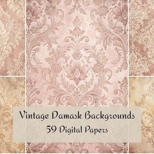 Puede incluir: Un collage de fondos de damasco vintage en tonos rosa, beige y crema. Los diseños presentan patrones florales y de volutas ornamentados. La imagen incluye el texto "Vintage Damask Backgrounds" y "59 Digital Papers".