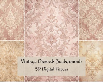 Vintage Damask Backgrounds, 59 Printable Elegant Papers in Dusty Rose, Beige, Cream and Gold Tones for Journals, Tags, Cards and Decoupage