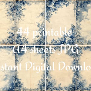 May include: Digital download of 44 printable sheets in JPG format. The image features a collage of vintage-style papers with blue floral and cloud designs. The text "Instant Digital Download" is visible.